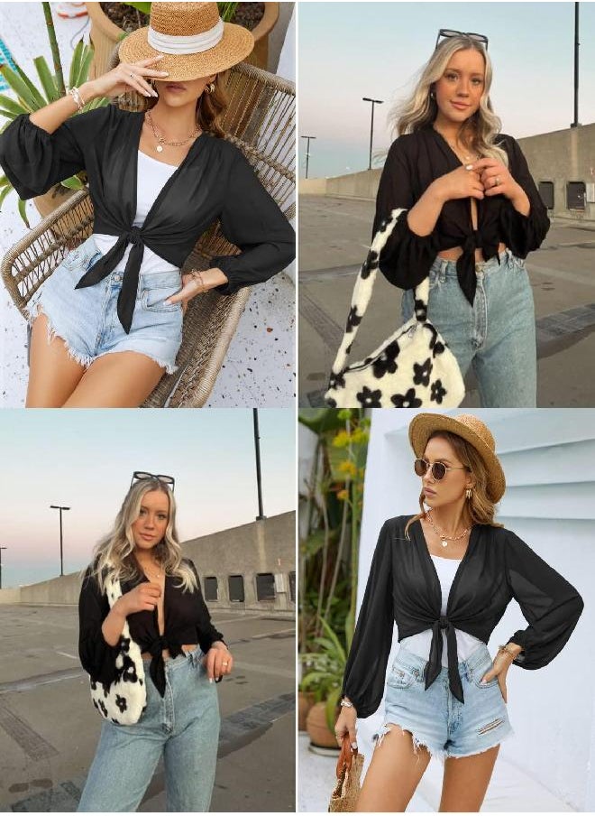 Kate Kasin - Kate Kasin Ladies Shrug Tie Front Long Balloon Sleeve Summer Lightweight Sheer Cropped Bolero Jackets Black XL - Image 1