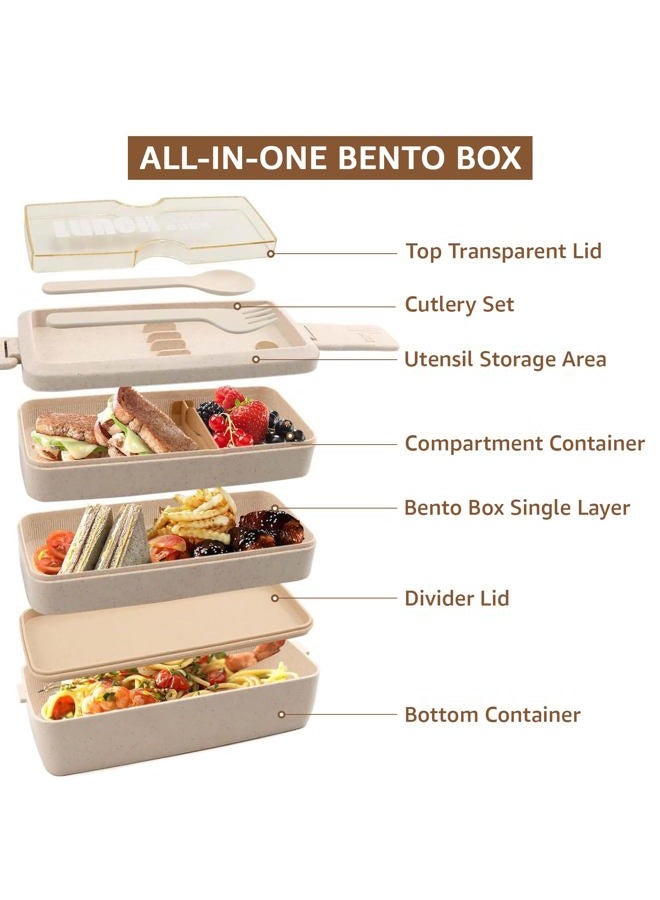 Meltset M 35Pcs Bento Box Japanese Lunch Box Kit Leakproof Bento Lunch Box for Kids Adults Wheat Straw 3 Layer Stackable Lunch Containers with Compartment Eco-Friendly Meal Prep Containers (Beige) - Image 2