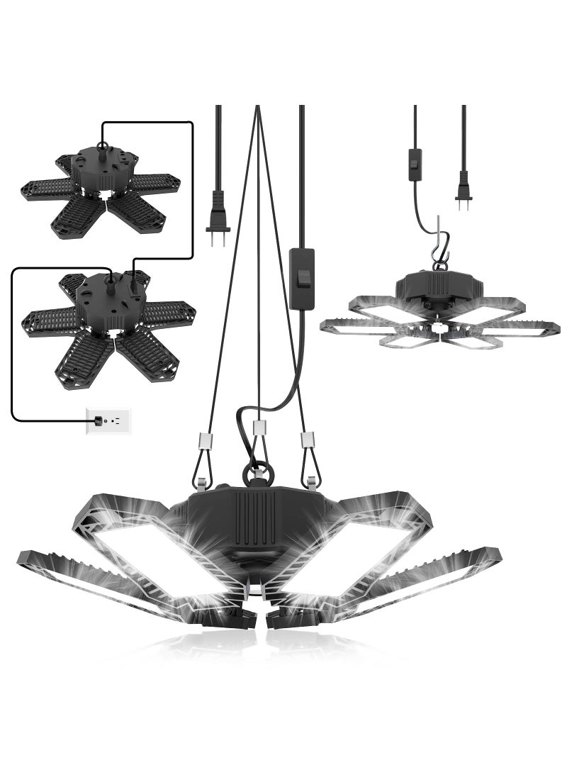 SEOBIOG SEOBIOG 2 Pack Plug in Garage Light Upgraded 200W 20000LM Linkable LED Shop Light 6500K Ceiling Lights w 6 Deformable Panels for Garage Warehouse Barn Basement Builtin ONOff Switch 