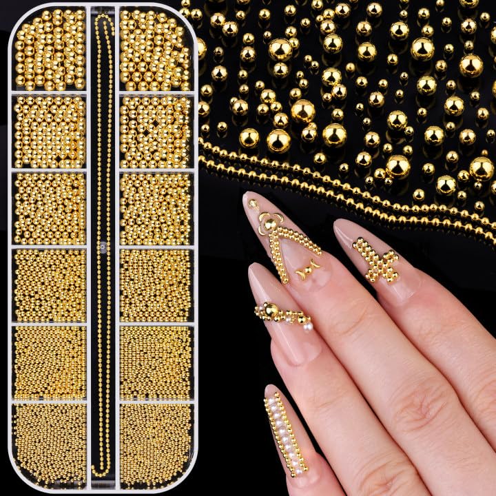 BELLEBOOST 1-3MM Mini Small Nail Beads Metal Caviar Bead Gold Nail Charms and Gems Ball, Nail Chain for Nail Art Accessories Supplies Gold Rhinestones for Women Manicure - Image 1
