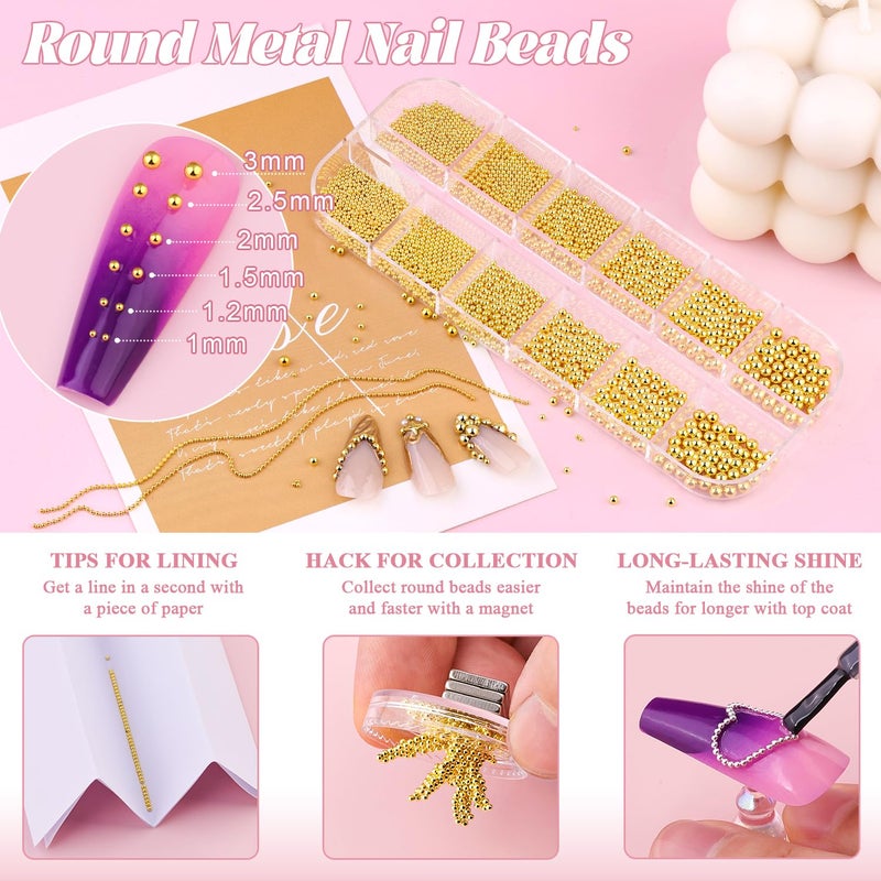 BELLEBOOST 1-3MM Mini Small Nail Beads Metal Caviar Bead Gold Nail Charms and Gems Ball, Nail Chain for Nail Art Accessories Supplies Gold Rhinestones for Women Manicure - Image 2
