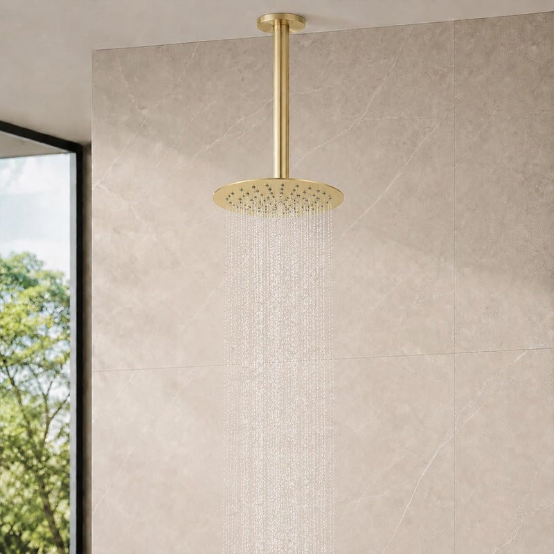BSTIIU 8 Inch Rain Shower Head, High Flow Stainless Steel Round Rainfall ShowerHead, High Pressure Overhead Shower Heads, Wall & Ceiling Mount Ultra Thin Stainless Steel Shower Head, Brushed Gold - Image 5