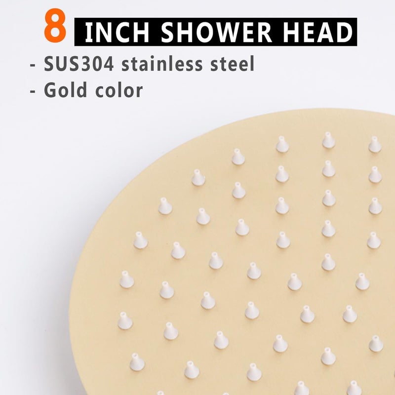 BSTIIU 8 Inch Rain Shower Head, High Flow Stainless Steel Round Rainfall ShowerHead, High Pressure Overhead Shower Heads, Wall & Ceiling Mount Ultra Thin Stainless Steel Shower Head, Brushed Gold - Image 4