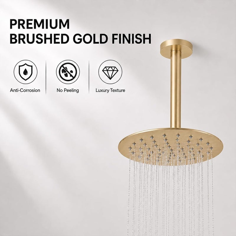 BSTIIU 8 Inch Rain Shower Head, High Flow Stainless Steel Round Rainfall ShowerHead, High Pressure Overhead Shower Heads, Wall & Ceiling Mount Ultra Thin Stainless Steel Shower Head, Brushed Gold - Image 2