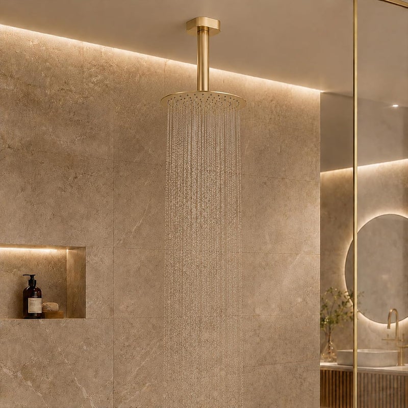 BSTIIU 8 Inch Rain Shower Head, High Flow Stainless Steel Round Rainfall ShowerHead, High Pressure Overhead Shower Heads, Wall & Ceiling Mount Ultra Thin Stainless Steel Shower Head, Brushed Gold - Image 3