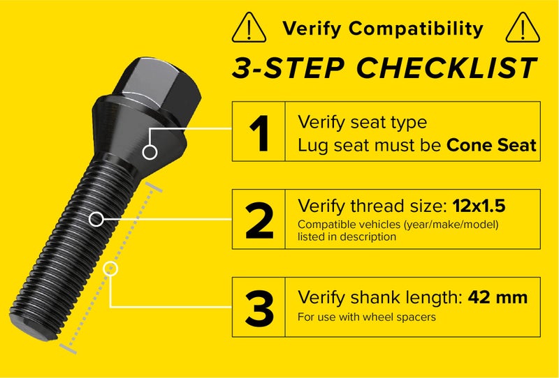StanceMagic 10pcs Extended Lug Bolts - 12x1.5, 42mm Shank (Not OEM Length), Cone Seat - Compatible with BMW 128i 135i 318i 320i 325i 328i 335i M3 525i 528i 530i 535i M5 Z3 Z4 E36 E46 E60 E90 E92 E93 - Black - Image 2