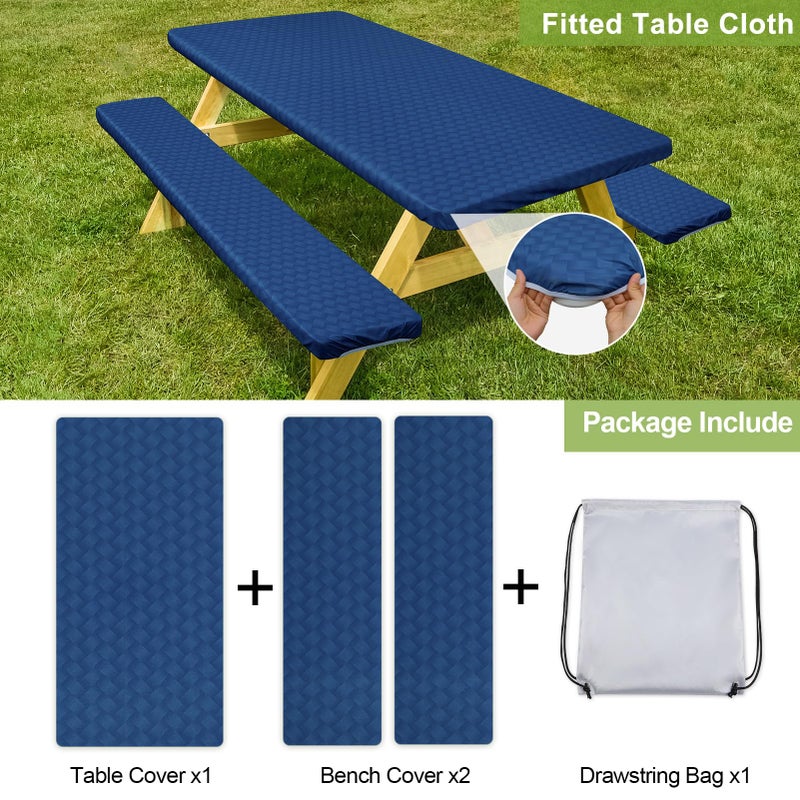 Play Tailor Picnic Table Cover with Bench Covers Camping Essentials Waterproof Windproof Camping Tablecloth with Drawstring Bag, Fitted Rectangle Tables and Seats, 72in, Deep Blue - Image 4