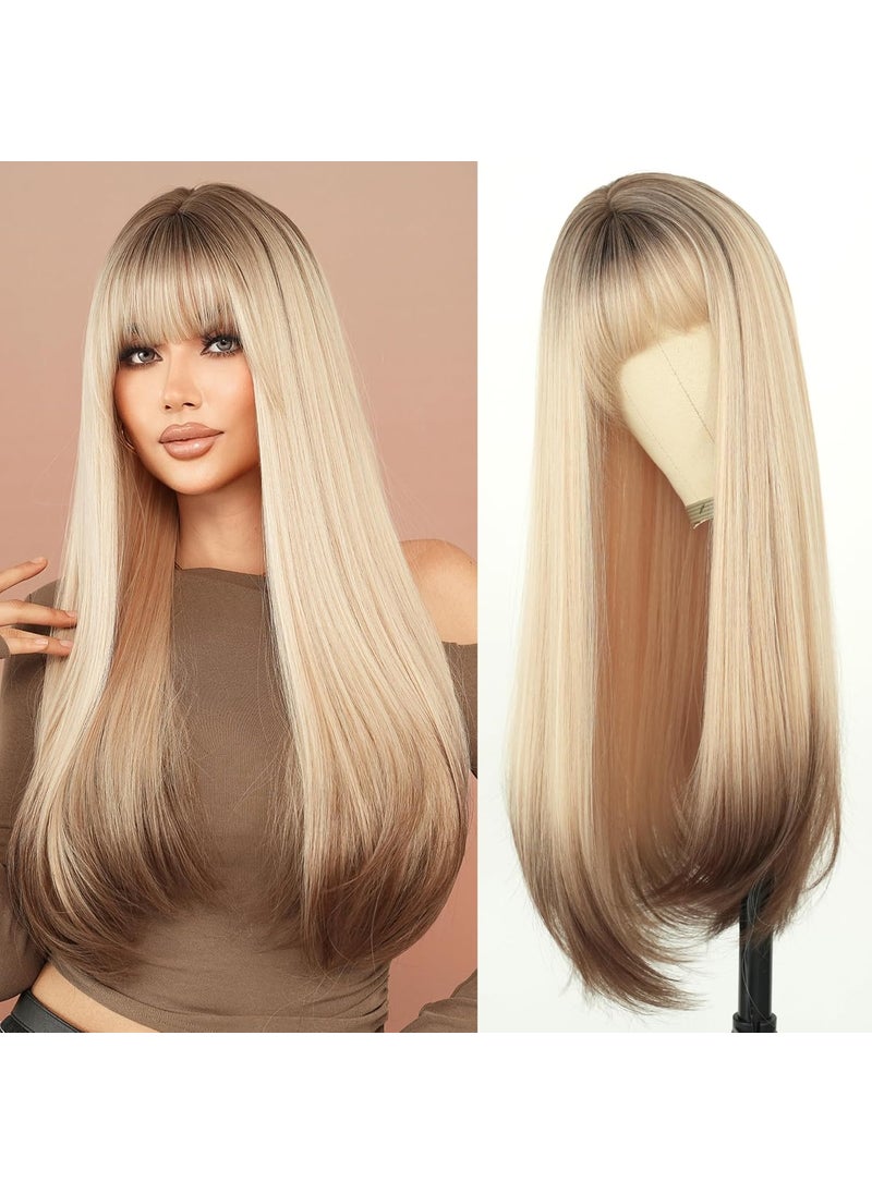 7JHH WIGS 7JHH WIGS Long Straight Wig with Bangs 28in Ash Platinum Blonde Wig with Brown Roots and Brown Hair Tail Dye Natural Heat Resistant Fiber Synthetic Layered Highlight Wigs for Women Daily Party Used 