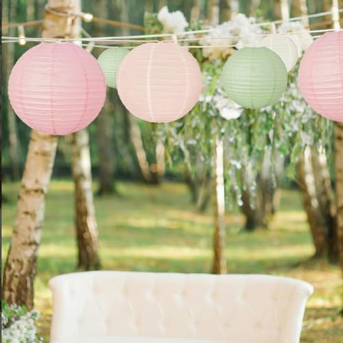Capesaro Sage Green Pink Paper Lanterns Decorative 12pcs Wedding Hanging Decorations for Bridal Shower Birthday Rustic Party Neutral Baby Shower Sage Green Home Decor - Image 3