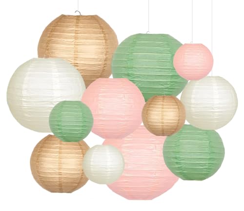 Capesaro Sage Green Pink Paper Lanterns Decorative 12pcs Wedding Hanging Decorations for Bridal Shower Birthday Rustic Party Neutral Baby Shower Sage Green Home Decor - Image 1