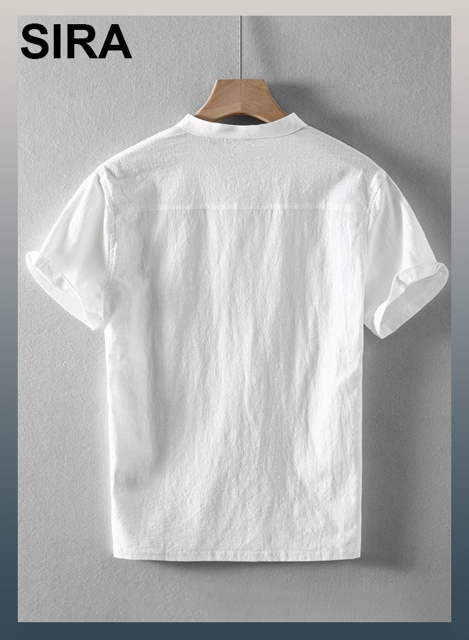 SIRA Men's White Short Sleeve Shirt - Breathable & Soft Casual Shirt with Stand Collar, Loose Fit Summer Shirt for Men, Perfect for Beach/Outdoor/Travel, Comfortable Office & Vacation Shirt - Image 5