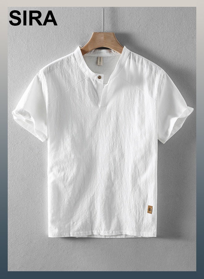 SIRA Men's White Short Sleeve Shirt - Breathable & Soft Casual Shirt with Stand Collar, Loose Fit Summer Shirt for Men, Perfect for Beach/Outdoor/Travel, Comfortable Office & Vacation Shirt - Image 1