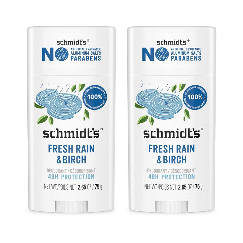 Schmidt's Aluminum-Free Vegan Deodorant Fresh Rain & Birch with 24 Hour Odor Protection, 2 Count for Women and Men, Natural Ingredients, Cruelty-Free, 2.65 oz - Image 1