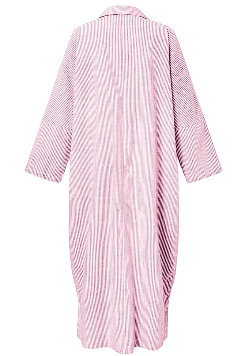 chouyatou Women's Casual Long Sleeve Button Down Loose Striped Cotton Maxi Shirt Dress (Small, Pink) - Image 3