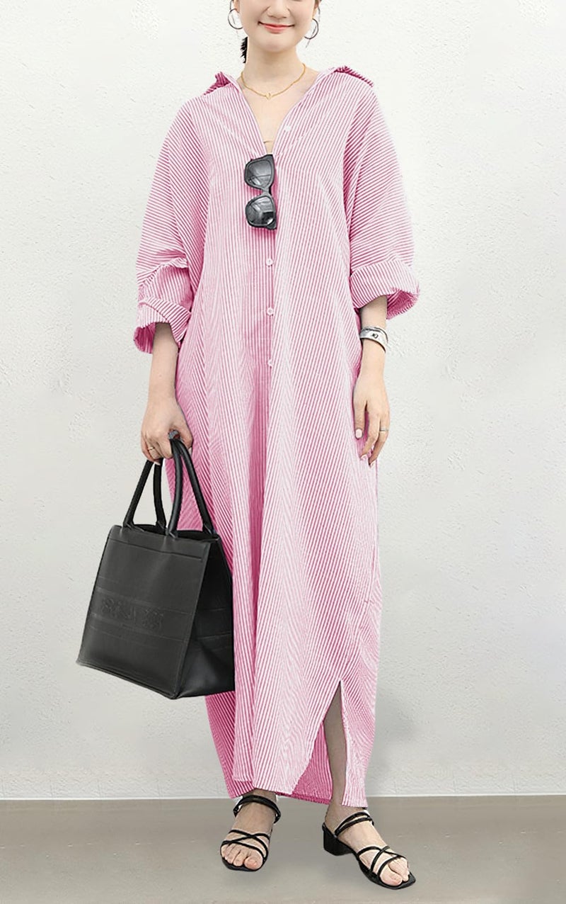 chouyatou Women's Casual Long Sleeve Button Down Loose Striped Cotton Maxi Shirt Dress (Small, Pink) - Image 1