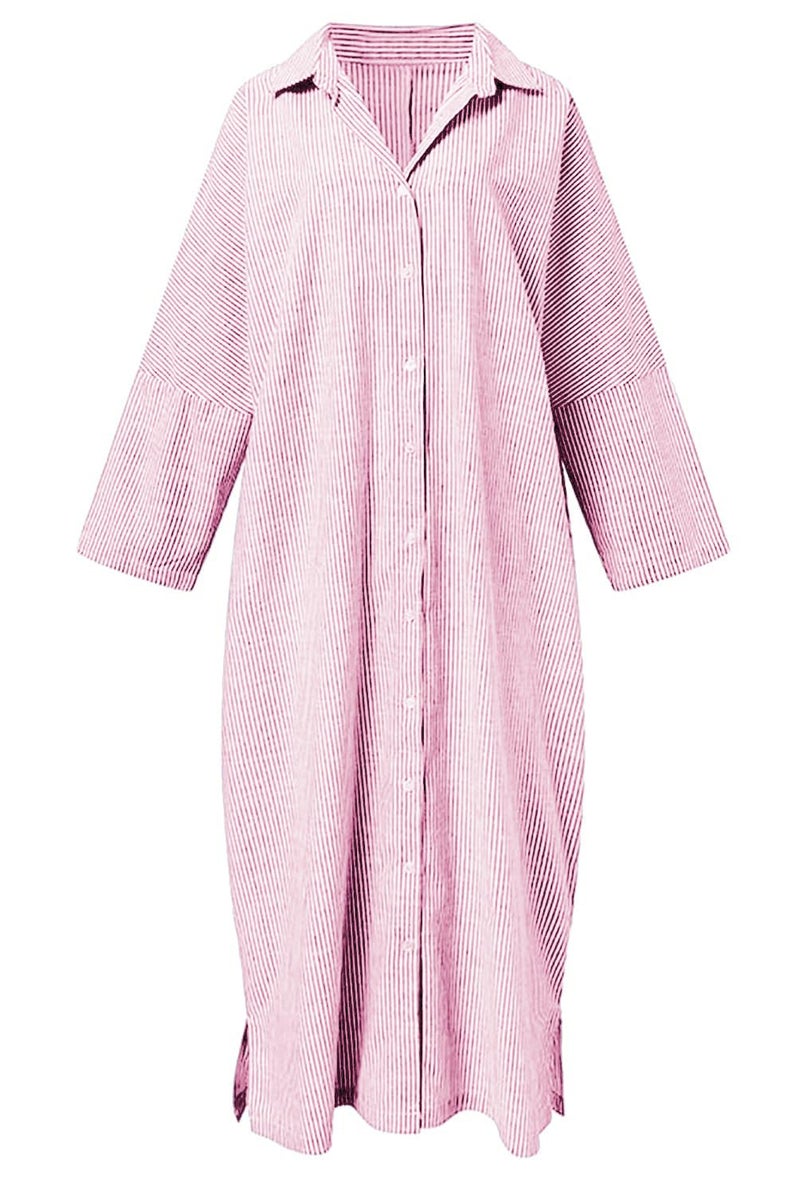 chouyatou Women's Casual Long Sleeve Button Down Loose Striped Cotton Maxi Shirt Dress (Small, Pink) - Image 2