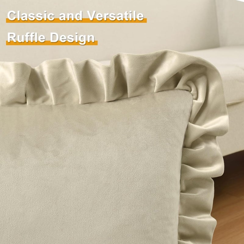 JIUZHEN Beige Velvet Throw Pillow Covers 20x20 for Couch Sofa Livingroom Bed，Set of 2 Decorative Soild Throw Pillow Covers with Ruffles - Image 3