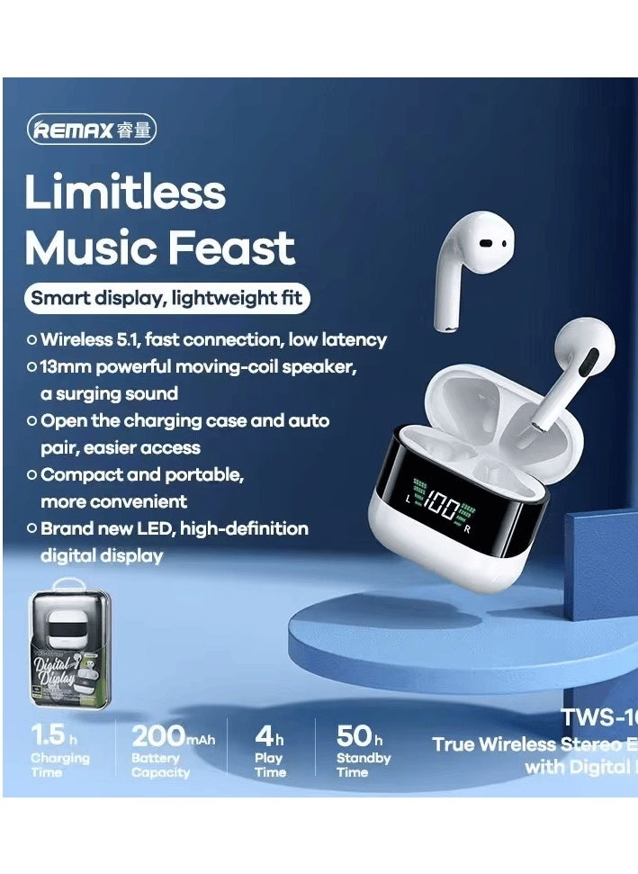 REMAX - TWS-10 Plus Wireless Bluetooth Earbuds with LED Display, 13mm Driver, Auto Pairing, 50h Standby Time, Lightweight Portable Stereo Earphones for Music and Calls - Image 1