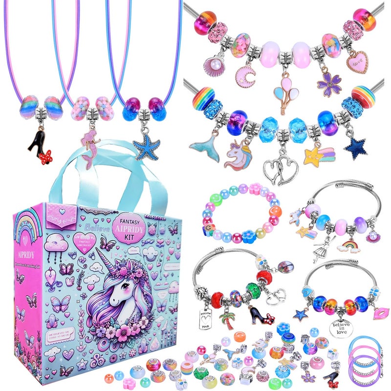 AIPRIDY 208 Pieces Charm Bracelet Making Kit,Unicorn Mermaid Crafts Gifts Set Can Inspires Imagination and Creativity,Jewelry Making Kit Perfect Gifts for Girls 5-12 Years Old (Pink+Aqua Unicorn) - Image 1