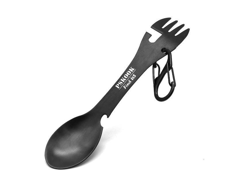 PSKOOK 5-in-1 Utility Tactical Spork, Stainless Steel Spoon & Bottle Opener, Fork & Knife, Can Opener Combo Camping Utensil for Hiking, Camping or Backpacking (Black) - Image 1