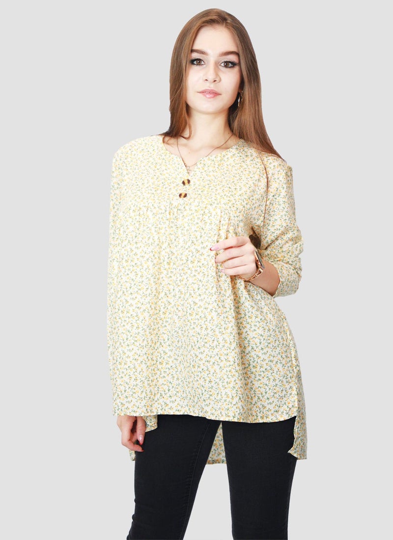 Kidwala Top For Women, Tees & Blouses Print Pullover Floral Yellow & Green Blouse, V Nick With Full Sleeves, Loose Fit Blouse With Ruffled Puff Long Top - Image 4