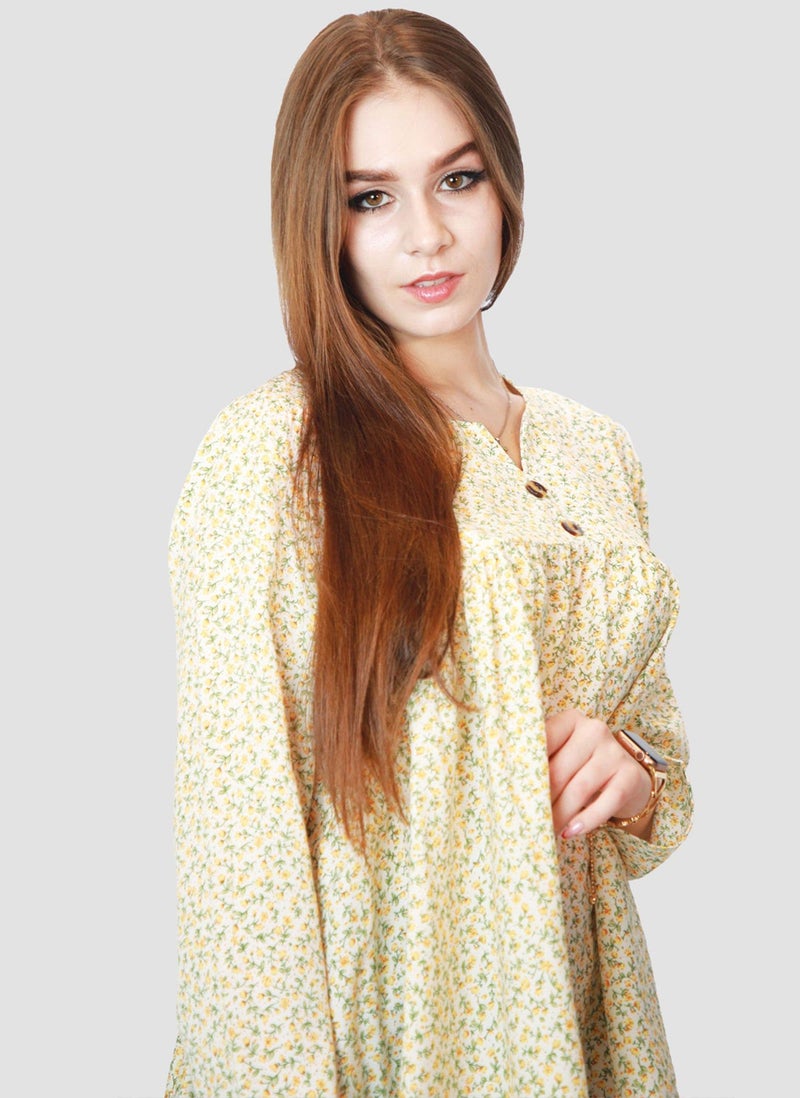 Kidwala Top For Women, Tees & Blouses Print Pullover Floral Yellow & Green Blouse, V Nick With Full Sleeves, Loose Fit Blouse With Ruffled Puff Long Top - Image 1