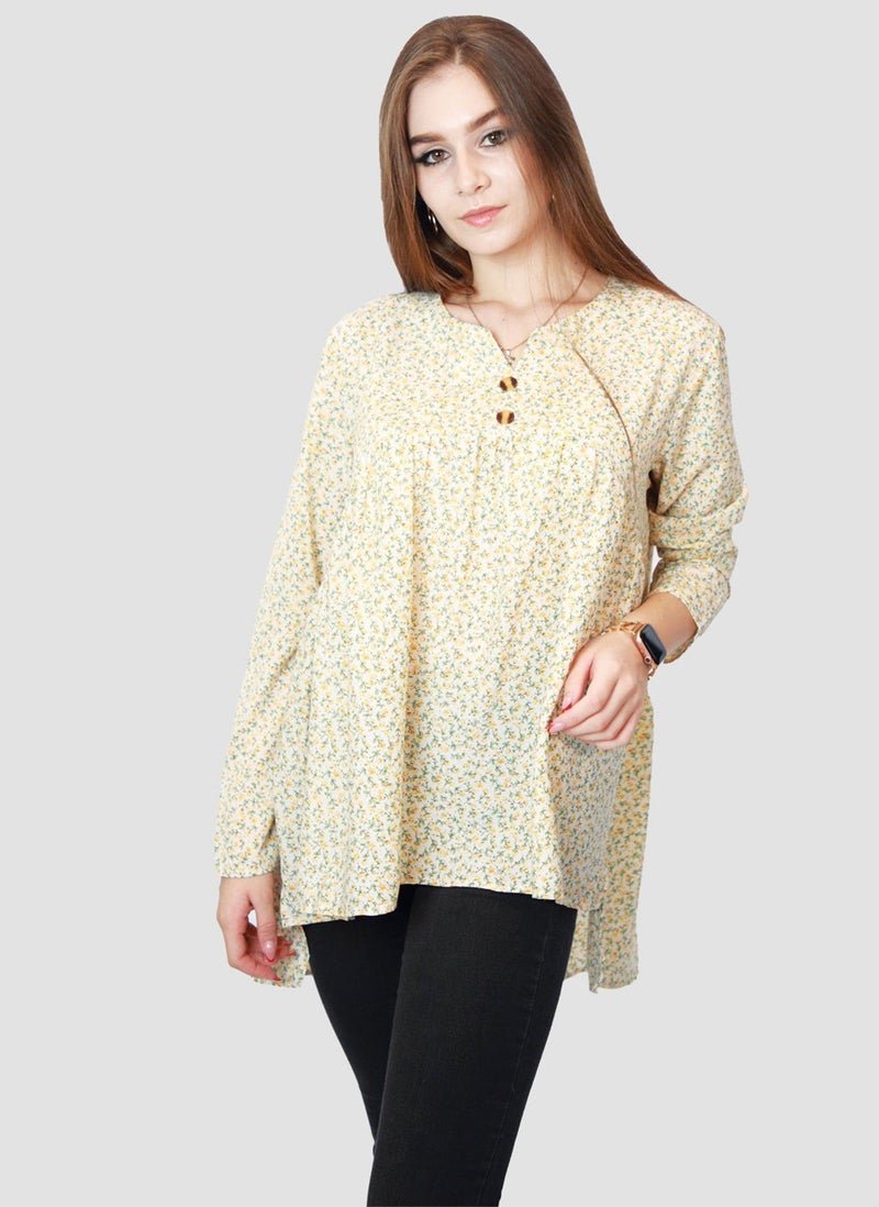 Kidwala Top For Women, Tees & Blouses Print Pullover Floral Yellow & Green Blouse, V Nick With Full Sleeves, Loose Fit Blouse With Ruffled Puff Long Top - Image 3