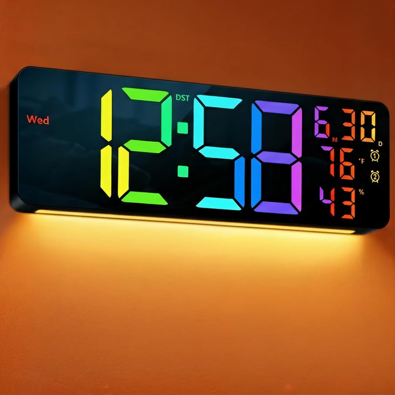 MASHI 173 Large Digital Wall Mount Clock Digital Clock with Remote Control Alarm Big LED RGB Color DST Temperature for Living Room Classroom Desk Bedroom Decor Gift for Elderly RGB - Image 2