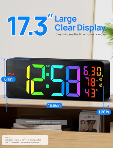 MASHI 173 Large Digital Wall Mount Clock Digital Clock with Remote Control Alarm Big LED RGB Color DST Temperature for Living Room Classroom Desk Bedroom Decor Gift for Elderly RGB - Image 3