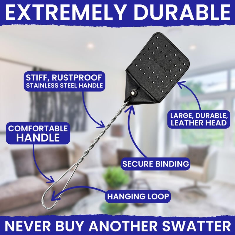 BugBane 2 Leather Fly Swatter for Indoors. Long Handle, Heavy Duty Fly Swatter Manual Multi Pack. Flyswatters Heavy Duty Flyswatter 2 pack. Flies Swater Includes 4 Sticky Window Bug Traps. Mata Moscas Outdoor - Image 2