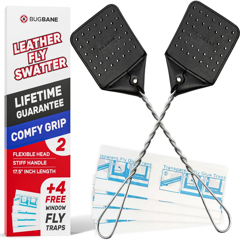 BugBane 2 Leather Fly Swatter for Indoors. Long Handle, Heavy Duty Fly Swatter Manual Multi Pack. Flyswatters Heavy Duty Flyswatter 2 pack. Flies Swater Includes 4 Sticky Window Bug Traps. Mata Moscas Outdoor - Image 1
