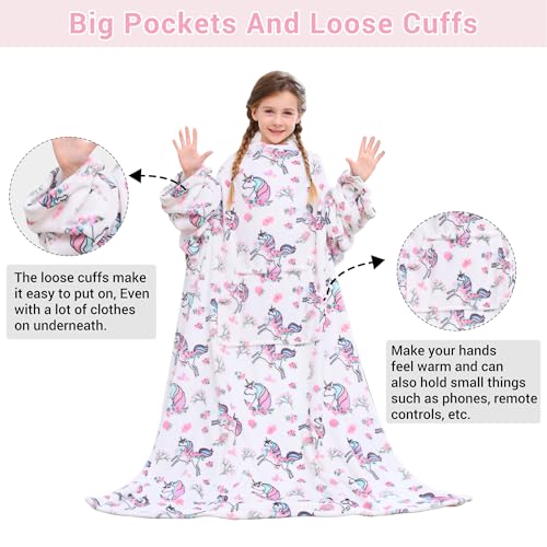 Viviland Wearable Fleece Blanket For Kids with Sleeves & Foot Pocket for kids Snuggie Lightweight Soft Blanket for Girls Hook & Loop 47" x 47" Inches (White Unicorn) - Image 3