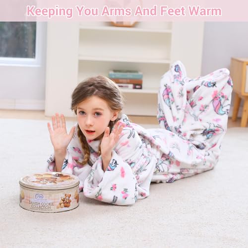 Viviland Wearable Fleece Blanket For Kids with Sleeves & Foot Pocket for kids Snuggie Lightweight Soft Blanket for Girls Hook & Loop 47" x 47" Inches (White Unicorn) - Image 5