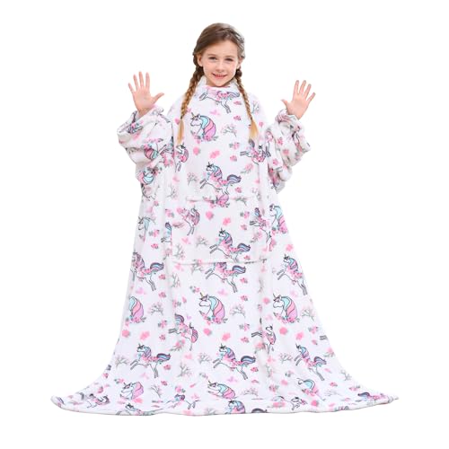 Viviland Wearable Fleece Blanket For Kids with Sleeves & Foot Pocket for kids Snuggie Lightweight Soft Blanket for Girls Hook & Loop 47" x 47" Inches (White Unicorn) - Image 1