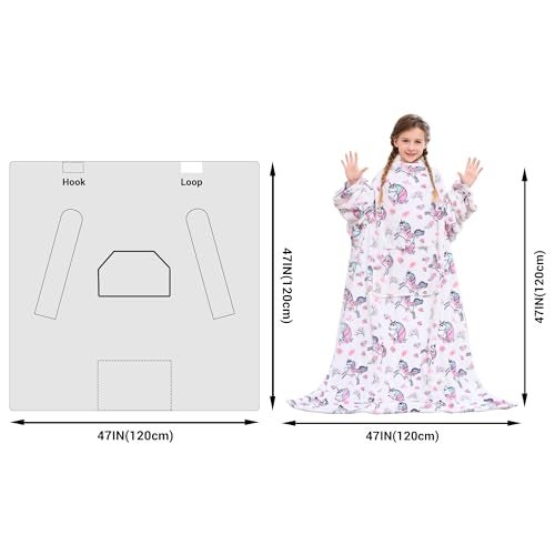 Viviland Wearable Fleece Blanket For Kids with Sleeves & Foot Pocket for kids Snuggie Lightweight Soft Blanket for Girls Hook & Loop 47" x 47" Inches (White Unicorn) - Image 4