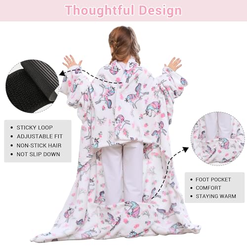 Viviland Wearable Fleece Blanket For Kids with Sleeves & Foot Pocket for kids Snuggie Lightweight Soft Blanket for Girls Hook & Loop 47" x 47" Inches (White Unicorn) - Image 2