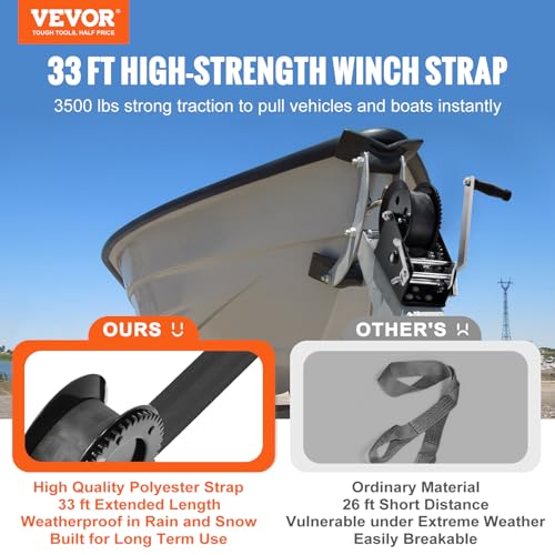 VEVOR Hand Winch3500 lbs Capacity Hand Boat Trailer Winch Heavy Duty Rope Crank with 33 ft Polyester Strap and TwoWay Ratchet Manual Operated Hand Crank Winch for Trailer Boat or ATV Towing - Image 3