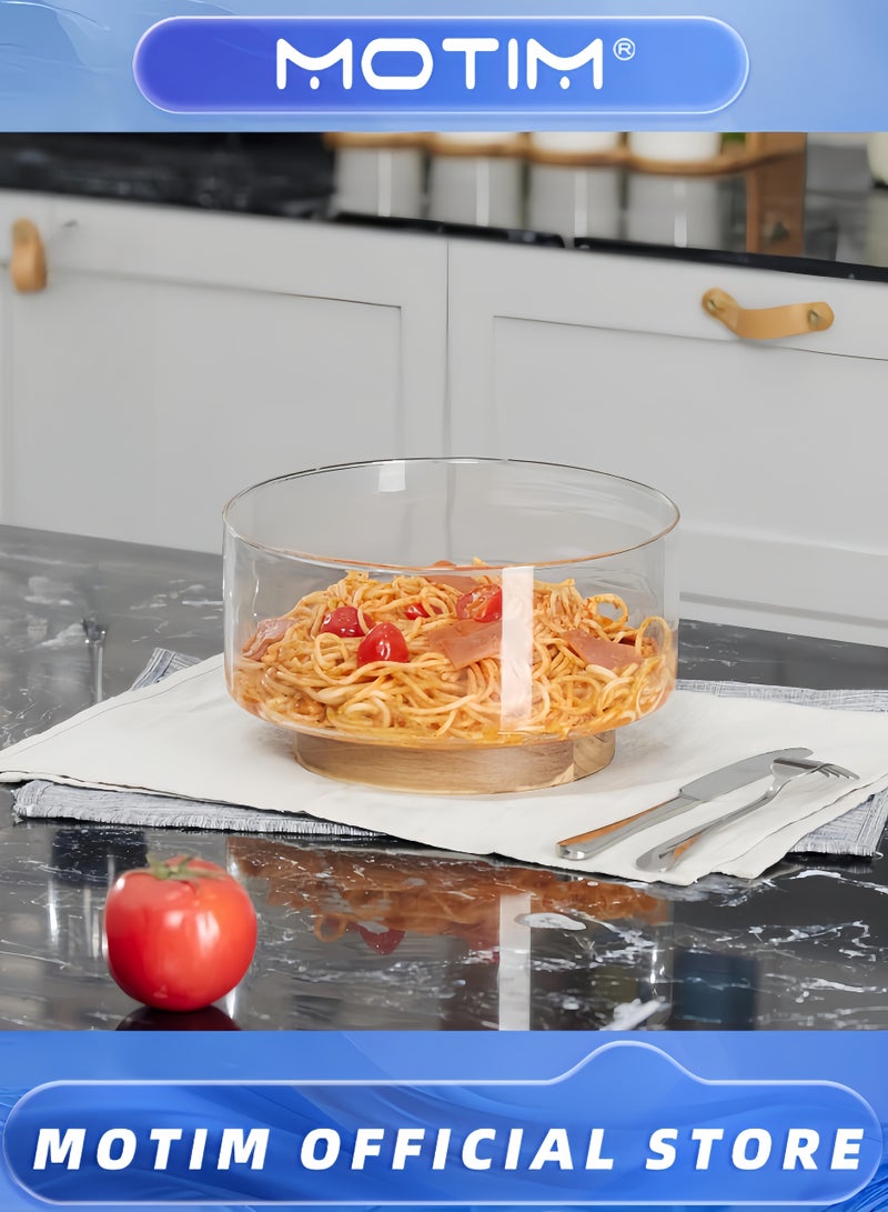 Motim Glass Fruit Plate Serving Bowls Party Salad Bowls with Acacia Wood Base and Serving Utensils for Fruits & Popcorn & Chips & Pasta - Image 3