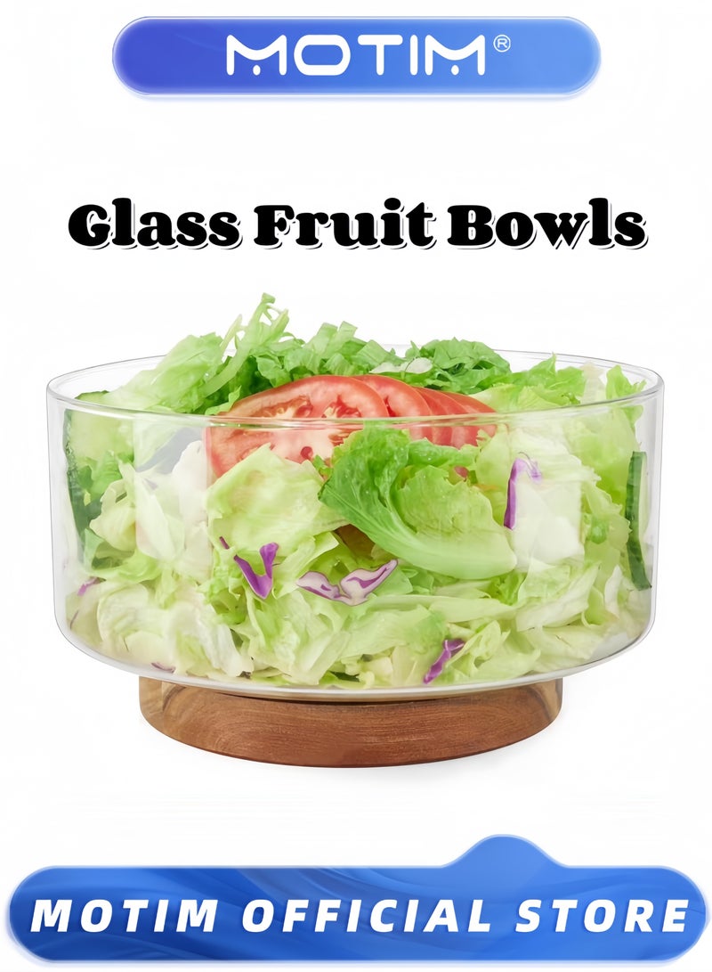 Motim Glass Fruit Plate Serving Bowls Party Salad Bowls with Acacia Wood Base and Serving Utensils for Fruits & Popcorn & Chips & Pasta - Image 1