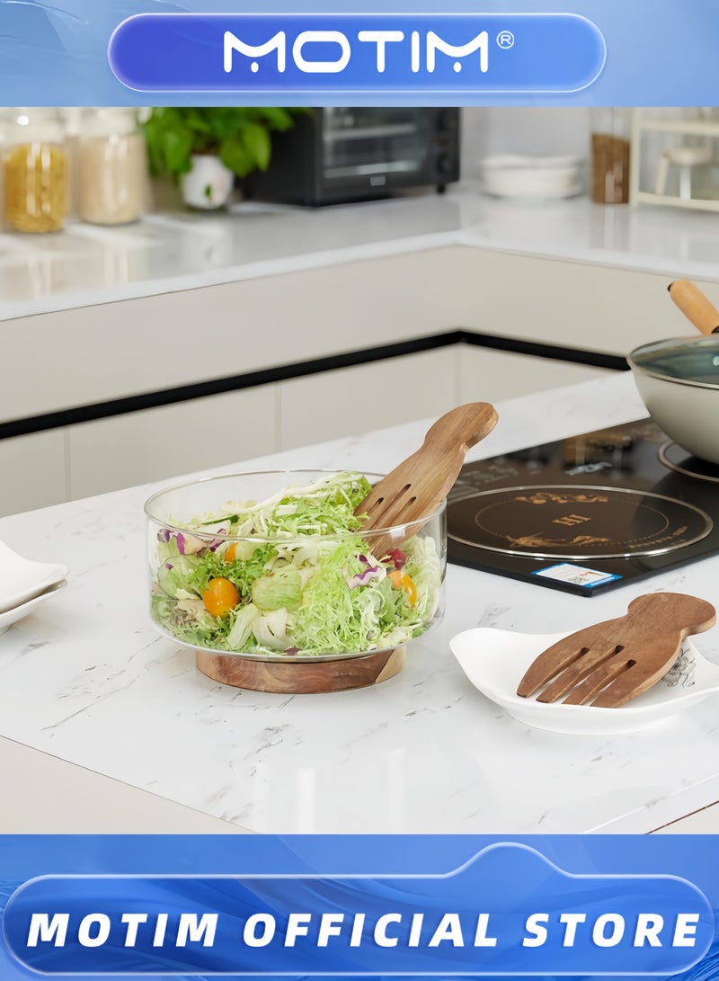 Motim Glass Fruit Plate Serving Bowls Party Salad Bowls with Acacia Wood Base and Serving Utensils for Fruits & Popcorn & Chips & Pasta - Image 2