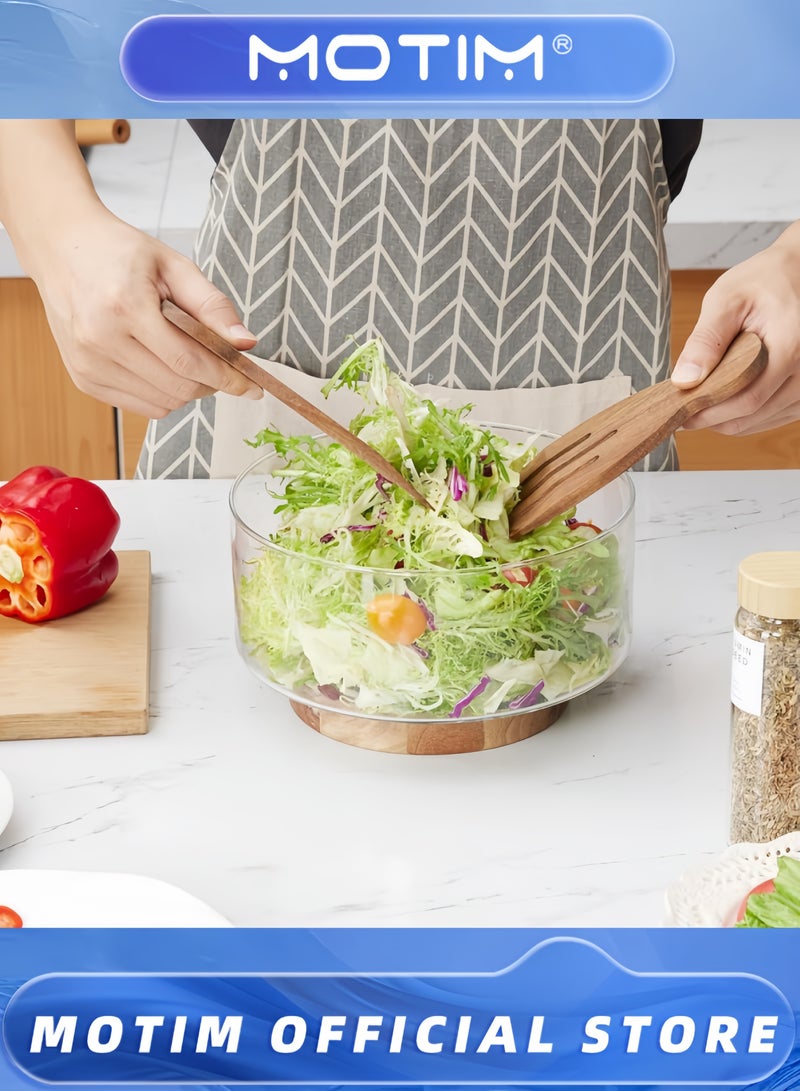 Motim Glass Fruit Plate Serving Bowls Party Salad Bowls with Acacia Wood Base and Serving Utensils for Fruits & Popcorn & Chips & Pasta - Image 4