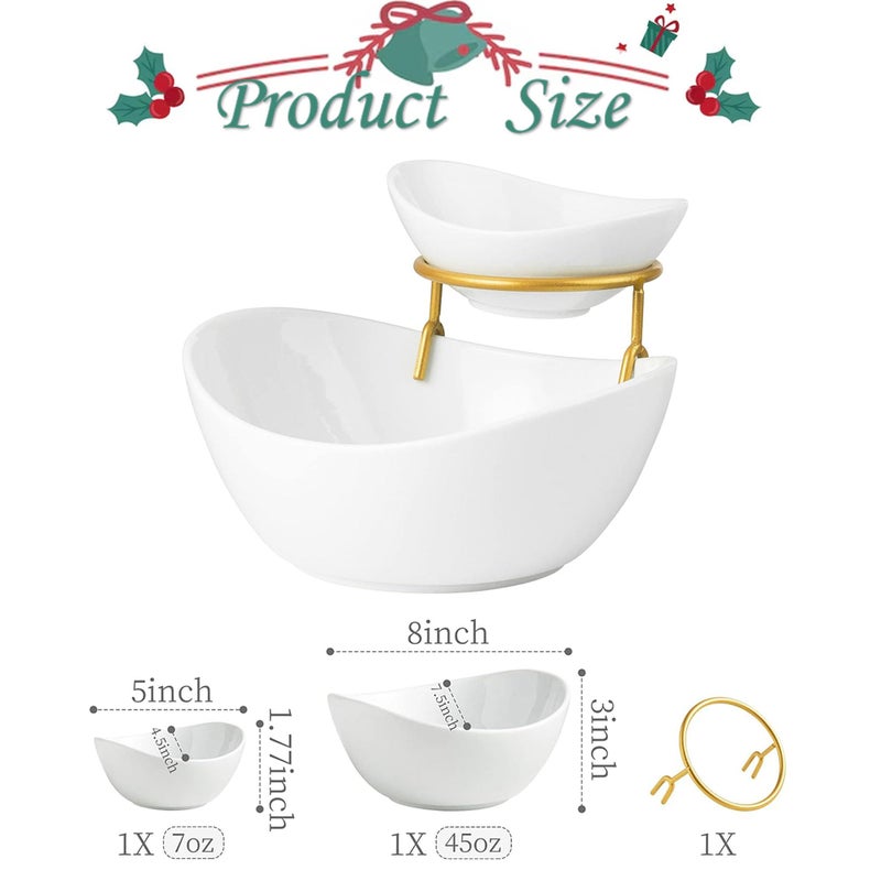 Miamolo Porcelain Serving Bowl Set for Appetizer Serving Dishes Set with 2 Compartment, Chip and Dip Taco Rack Display Salad Bar Serving Set, Gold Stand - Image 2