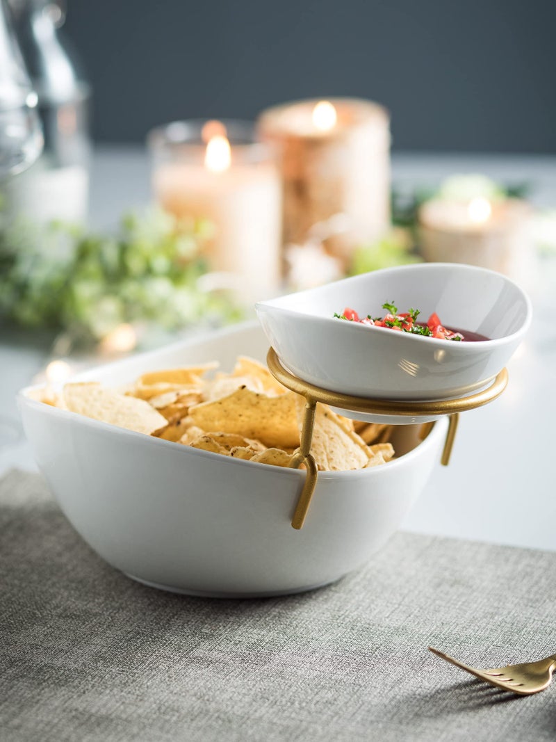 Miamolo Porcelain Serving Bowl Set for Appetizer Serving Dishes Set with 2 Compartment, Chip and Dip Taco Rack Display Salad Bar Serving Set, Gold Stand - Image 4