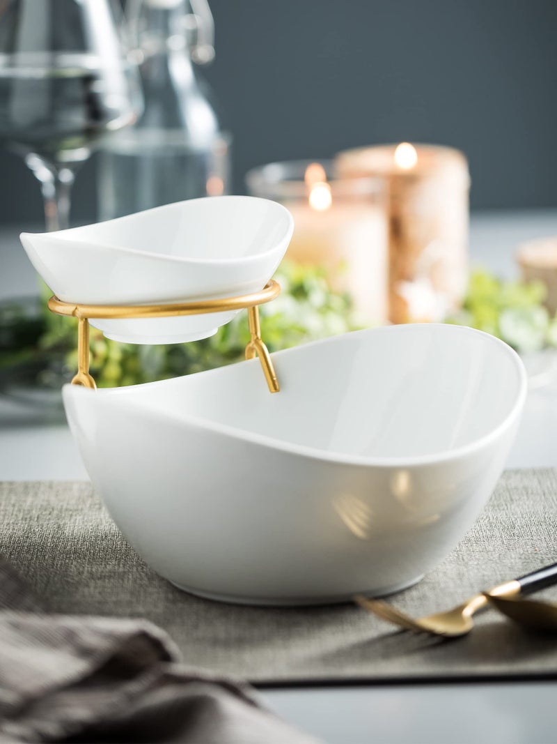 Miamolo Porcelain Serving Bowl Set for Appetizer Serving Dishes Set with 2 Compartment, Chip and Dip Taco Rack Display Salad Bar Serving Set, Gold Stand - Image 3