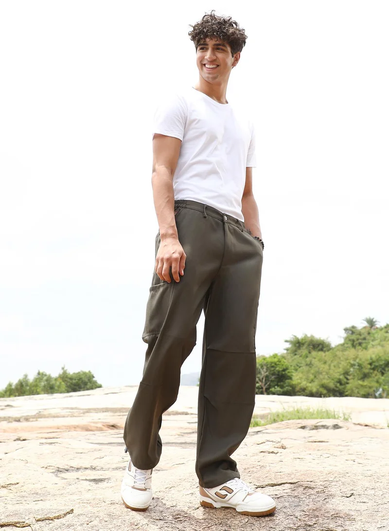 Campus Sutra  Men's Olive Green Utility Relaxed Trousers for Men | Best Price UAE