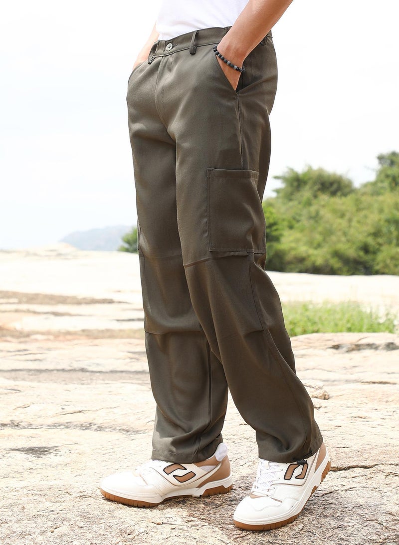 Campus Sutra Men's Olive Green Utility Relaxed Trousers - Image 3