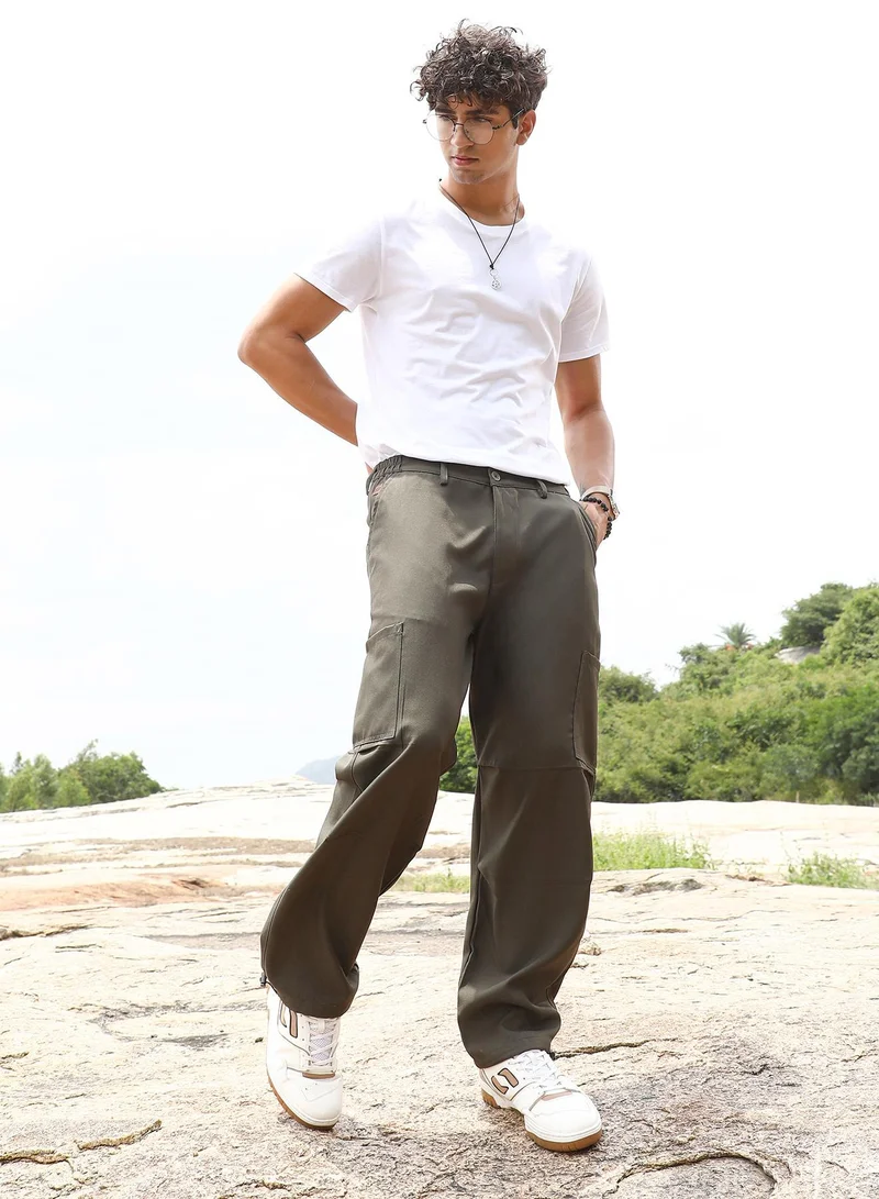 Campus Sutra  Men's Olive Green Utility Relaxed Trousers for Men | Best Price UAE