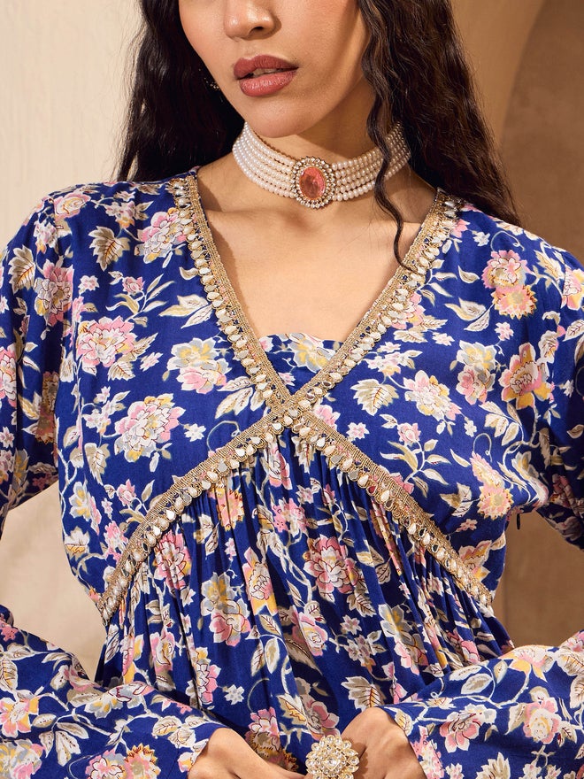 SASSAFRAS Blue Floral Cambric Peplum Top with Sharara Pants Co-Ords - Image 4