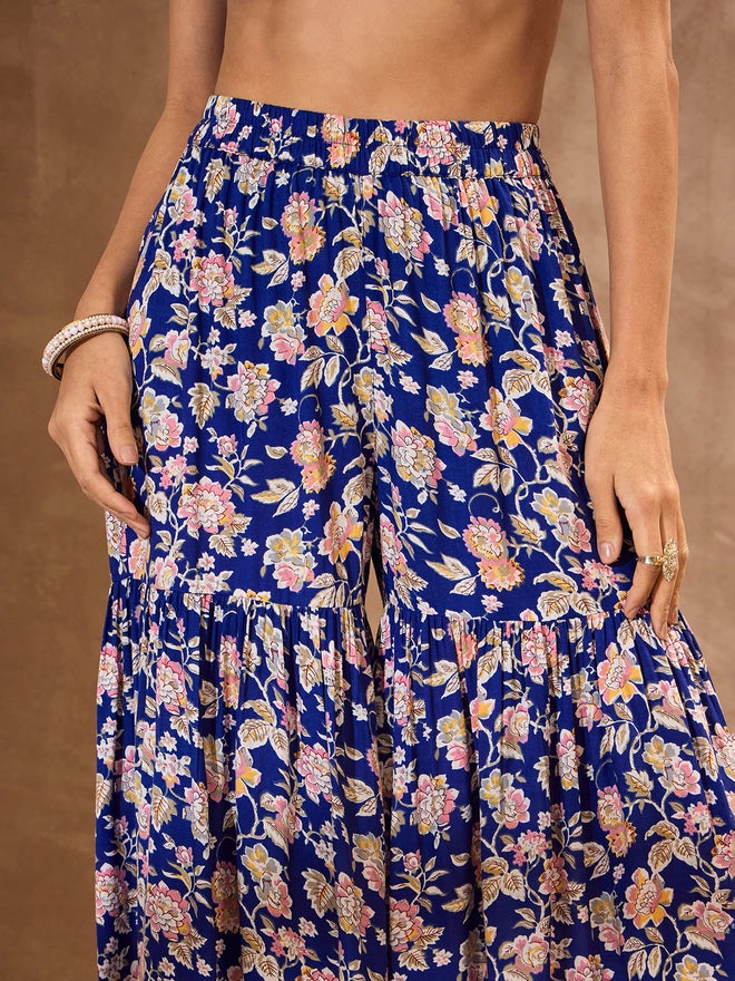 SASSAFRAS Blue Floral Cambric Peplum Top with Sharara Pants Co-Ords - Image 5