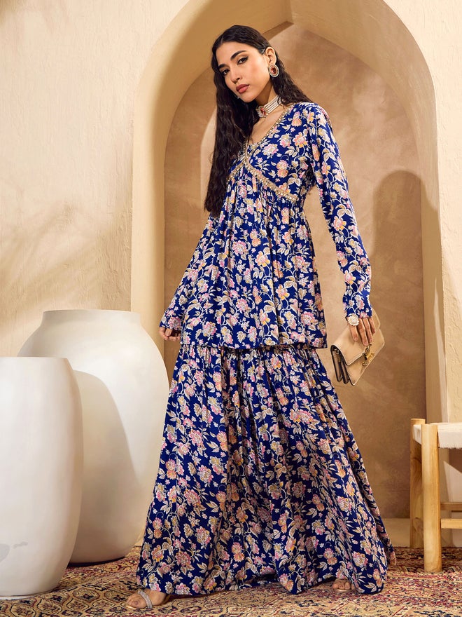 SASSAFRAS Blue Floral Cambric Peplum Top with Sharara Pants Co-Ords - Image 2
